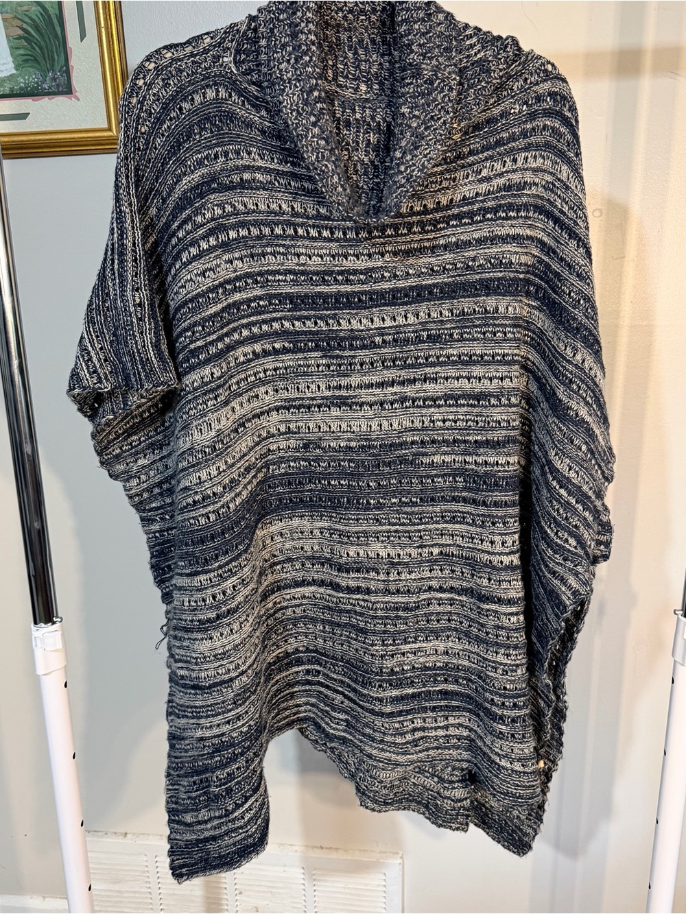 Striped Navy and Gray Knit Poncho Sweater with Cowl Neck